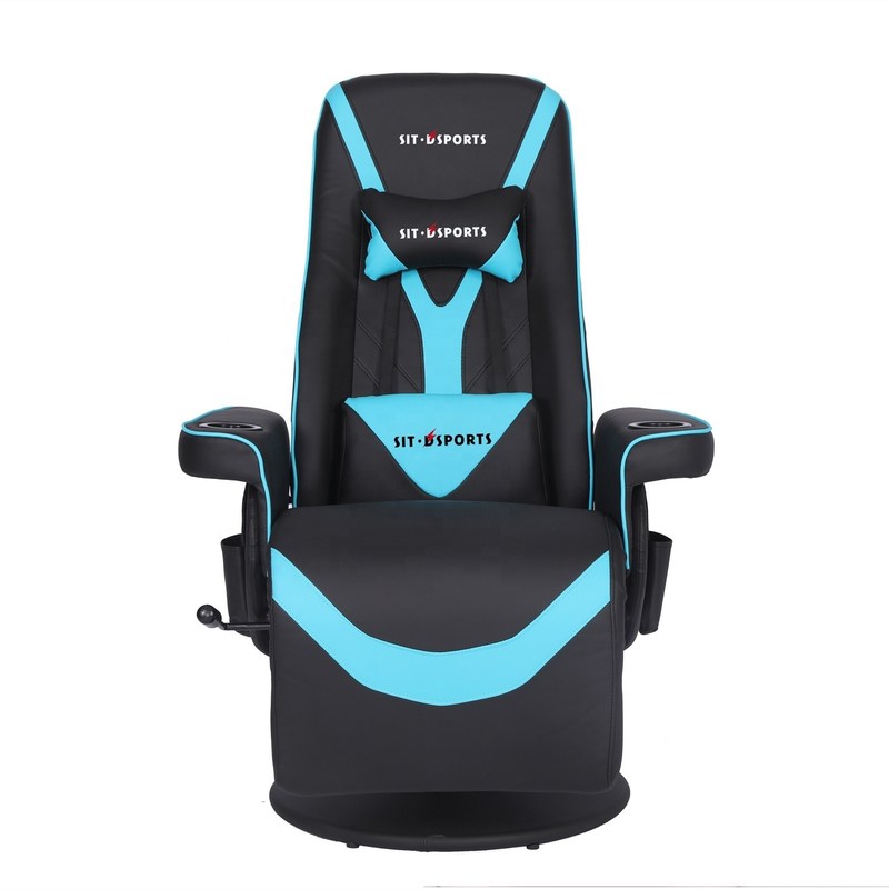 مبل گیمینگ لوکس مشکی/آبی با سبک مسابقه ای، دارای جا لیوانی، نورپردازی LED و زیرپایی