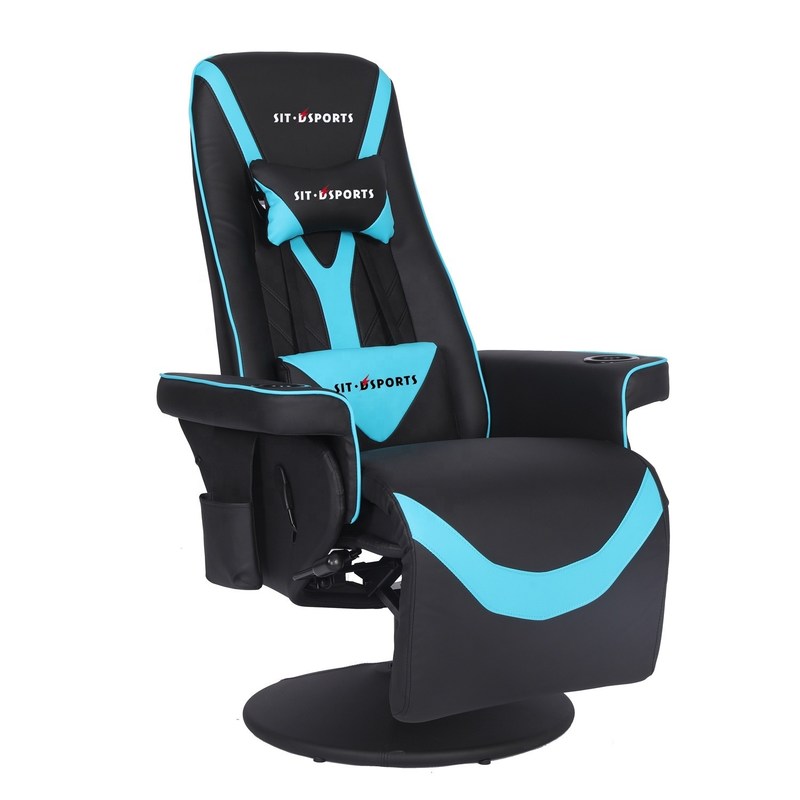 مبل گیمینگ لوکس مشکی/آبی با سبک مسابقه ای، دارای جا لیوانی، نورپردازی LED و زیرپایی