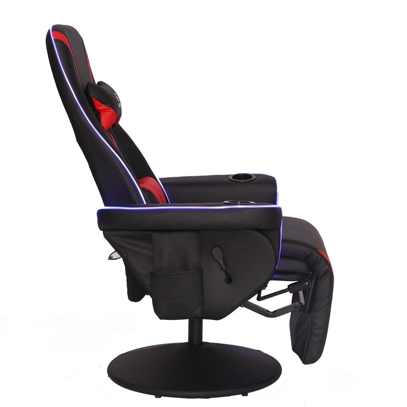 مبل گیمینگ لوکس مشکی/آبی با سبک مسابقه ای، دارای جا لیوانی، نورپردازی LED و زیرپایی