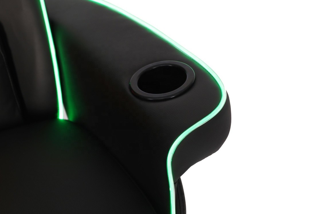 مبل گیمینگ لوکس مشکی/آبی با سبک مسابقه ای، دارای جا لیوانی، نورپردازی LED و زیرپایی