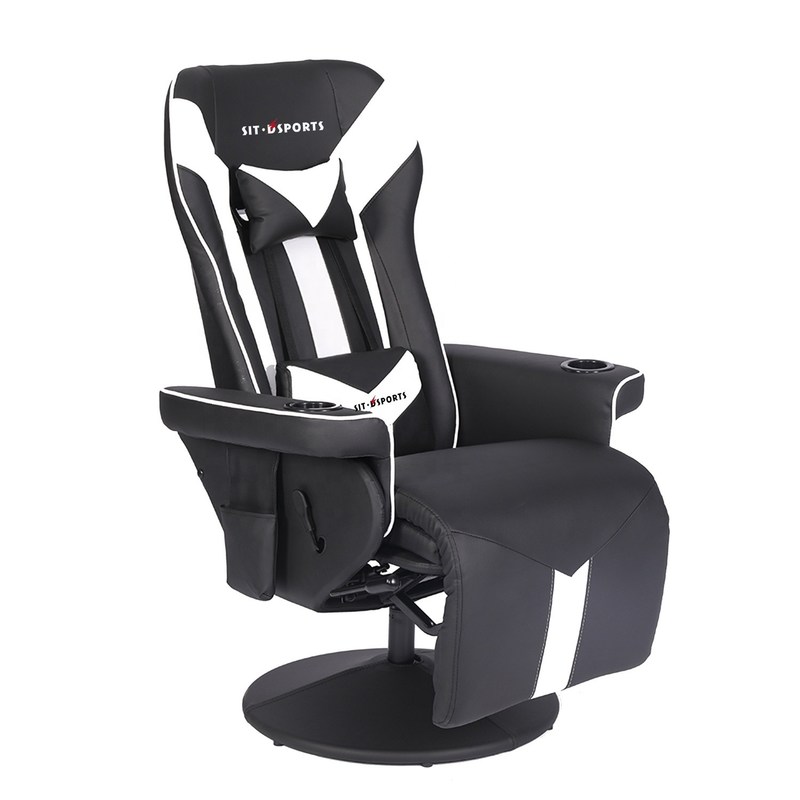 Office/Home Gaming Chair with Cup Holder and Footrest in White Racing Style Leather